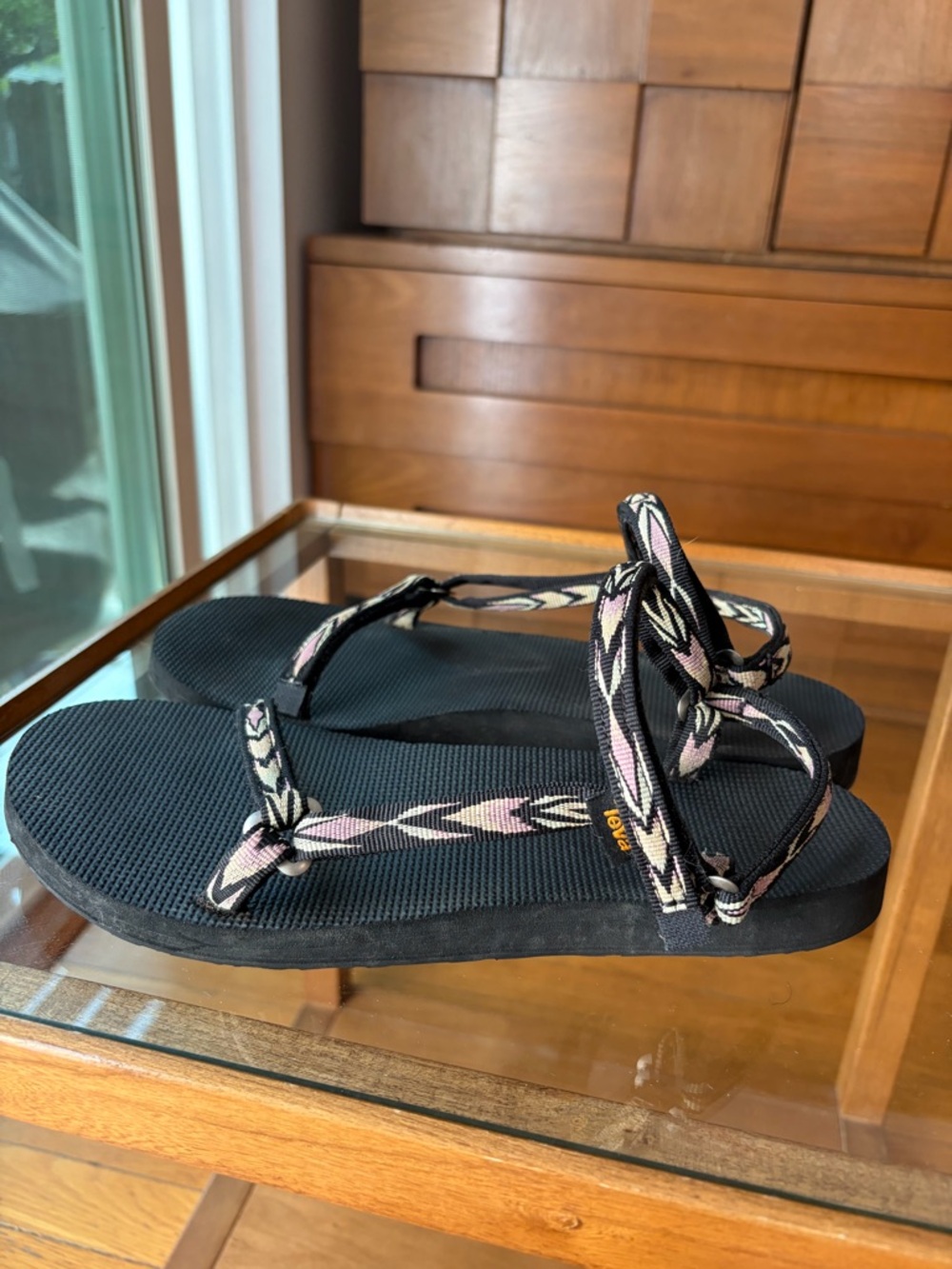 Teva Women's Black Sandals with Pink and Cream Patterned Straps